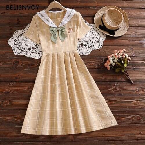 Japanese Preppy Style Summer Women Dress Harajuku Sailor Collar With Bow Femininos Vestidos Short Sleeve Sashes Kawaii Dress
