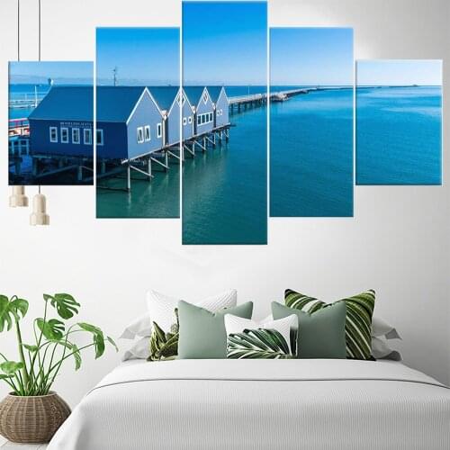 5 Pieces Canvas Wall Art Painting Seascape Poster Blue House Modern Home Decoration Living Room Framework Modular Pictures