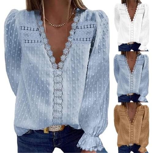 Women Blouses Ladies Autumn Winter Casual Fashion Short Sleeve Dressy Blouses Tops Summer Trendy Solid Color Lace Blouse 2021