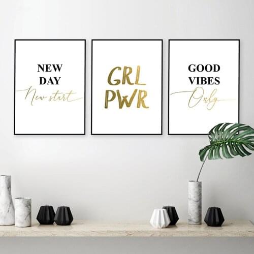 Black White Gold Posters and Prints Inspirational Words Wall Art GRL PWR Good Vibes Only Gift Canvas Picture Decorative Painting