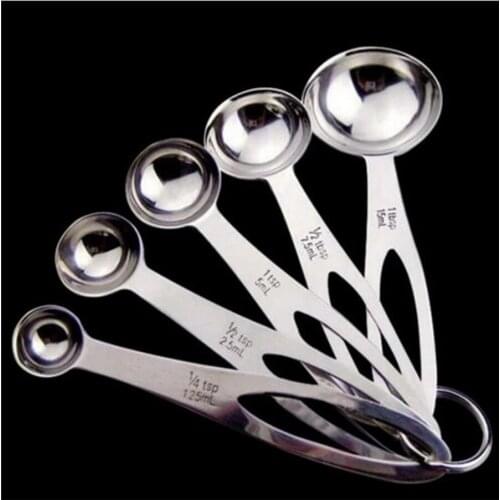 DHL 50set 5pcs Measuring Spoons Cups Useful Kitchen Baking Tool Utensil Tea Coffee Scoops Stainless Steel 5 Sizes