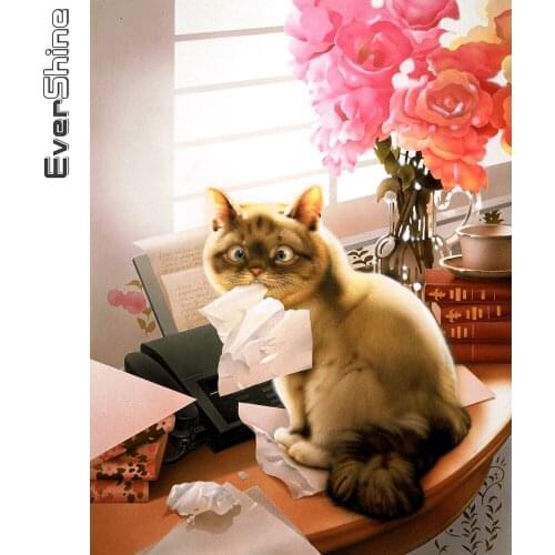 Evershine Diamond Embroidery Cat Cross Stitch Kit Diamond Painting Flower New Arrival Mosaic Animal Full Square Round Wall Decor