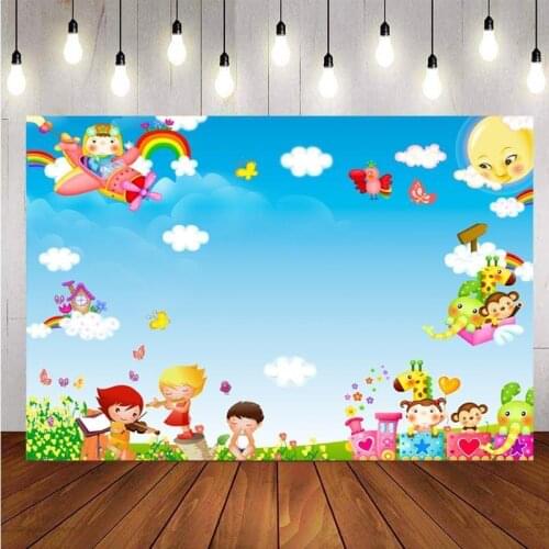 Spring 1st Birthday Photography Backdrop Airplane Animal White Cloud Baby Shower Party Custom Photo Background Banner Decoration
