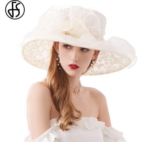 FS Summer Elegant Fascinator Hats For Women 2021 Wide Brim Organza Floral Wedding Fedora Sun Protection Beige Khaki Church Hat