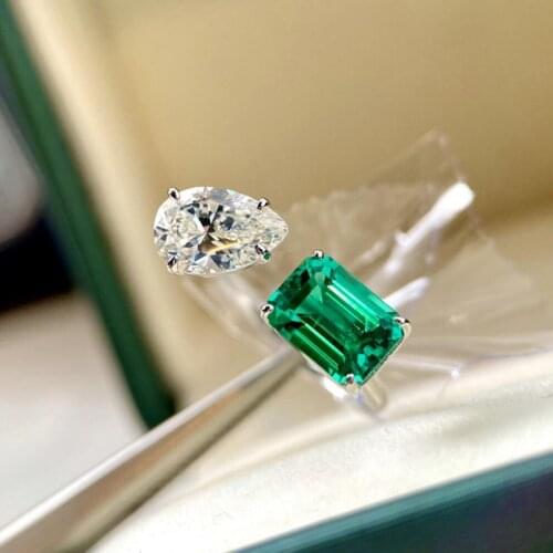 KOFSAC High Quality Crystal Zircon Green Ring Jewelry Women 925 Sterling Silver Open Size Water Droplet Geometric Ring Lady Gift