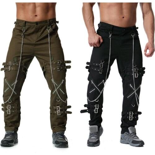 Mens Straps Chains Zip Bondage Gothic Pants Cargo Trousers Punk Bottoms Casua