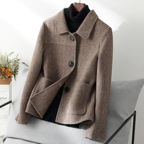 2020 New Herringbone Wool coat Women Korean short Woolen coat Black Double-sided Cashmere coat Autumn Winter Womens clothing 3XL