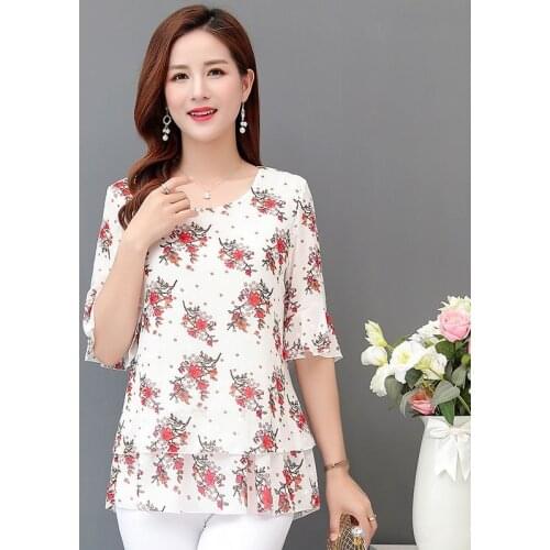 New Summer Fashion Women Chiffon Blouse Plus Size 5XL Half Sleeve Vintage Print Floral Shirt Ladies Casual Tops Femme Y510