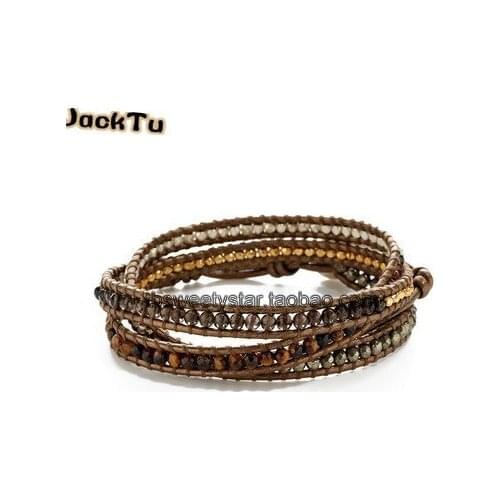 New style smoky pyrite tiger eyes beads wrap leather bracelet