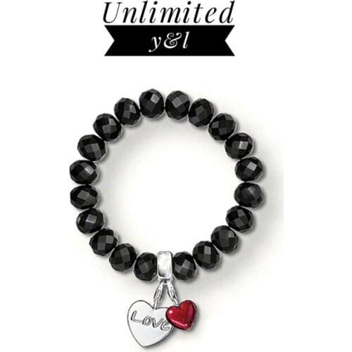 Double Hearts Red Hearth Love Charm Bracelets Black Stone Beads DIY Fashion Jewelry for Women Men Gifts 2018 New Arrivals