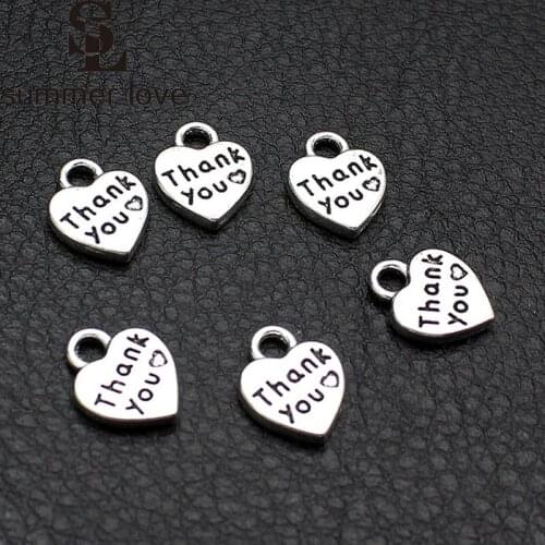 20pcs/Lot 10mm Engraved Alphabet Thank You Heart Shape Alloy Charms DIY Pendant Necklace Bracelet Jewelry Making Wholesale