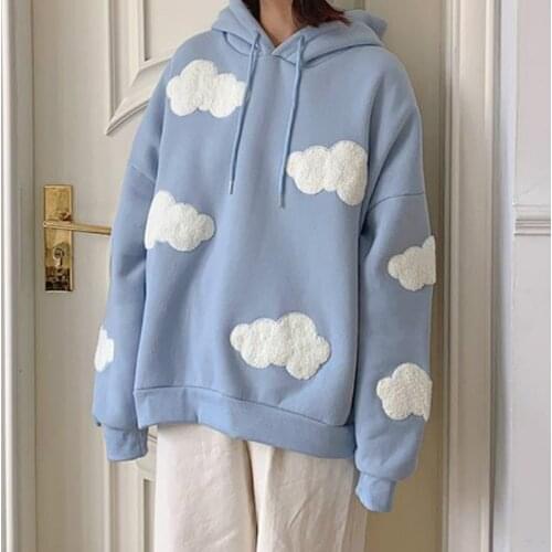 QWEEK Kawaii Sweatshirt Women Clouds Pullover Ladies Long Sleeve Top Autumn Winter 2021 Korean Fashion Thick Warm Casual Hoodies