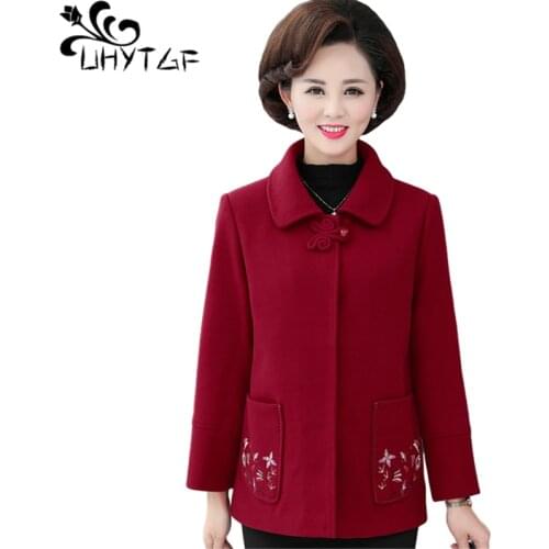 UHYTGF Middle-Aged Women Woolen Coat Winter Jacket Female Embroidery Warm Autumn Outerwear Mother Short Plus Size Tops 5XL 1353