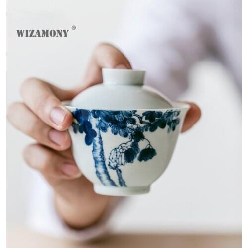 WIZAMONY Jingdezhen hand-made thin tire cover bowl hand-painted eucalyptus tree tea-making tea equipment kungfu tea set teacup