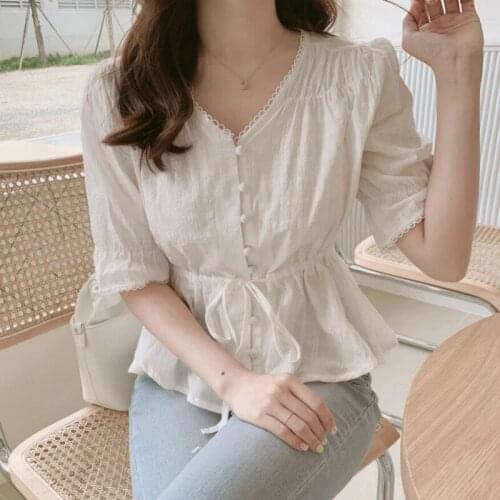 Women Embroidery Shirt Summer Tops Casual Lace up Shirt