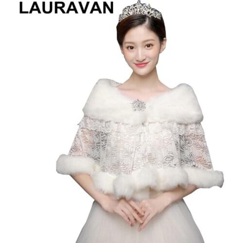 Women Bridal Shawl White Brooch Lace Faux Fur Wrap Elegant Warm Bolero Wedding Wrap Bridal Jacket Coat Winter Autumn Fur Cape