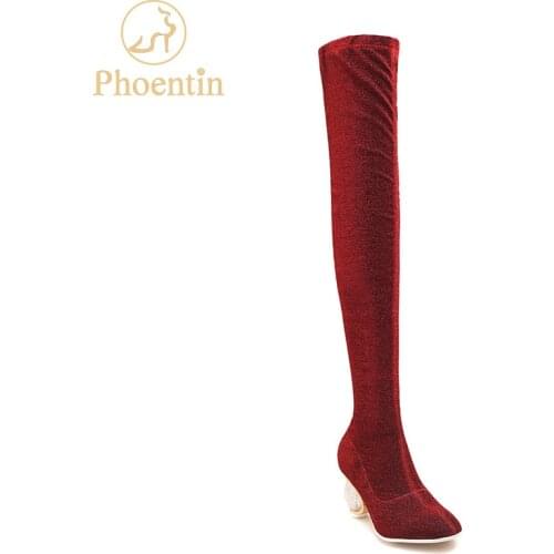 Phoentin over the knee booties 2019 woman stretch fabric red boot overknee crystal high heels Women-shoes spring autumn FT478