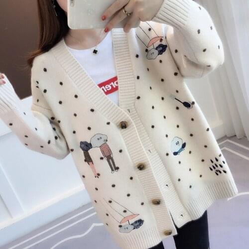Women Cartoon Sweaters Autumn Winter Outerwear V-neck Casual Knit Cardigans Cartoon Embroidery Long Sleeve Korean loose Cardigan