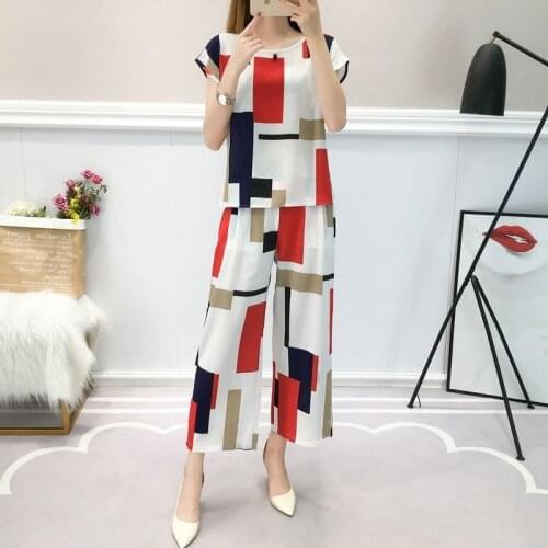 Summer Clothes 2021 Korean Fashion Print Women Outfits Two-piece Set O-neck Short Sleeve + High Waist Wide-leg Pants Suits Y199