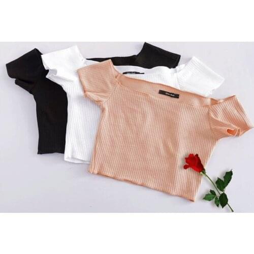 Summerslash neck knitted top tees Women short sleeve bustier crop top Summer beach white Sexy tops female cami