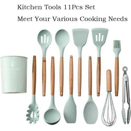 11 Piece Set Barreled Silicone Kitchenware Contains Scoop Colander Spatula Oil Brush Food Tongs Egg Whisk Kitchen Tool Sets