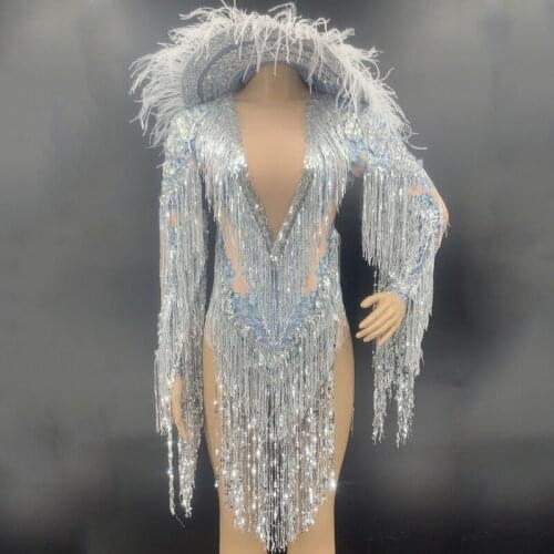 Sparkly Silver Rhinestone Fringe Spandex Bodysuit Women Gogo Dance Festival Stage Costumes Birthday Celebrate Outfit DN7327