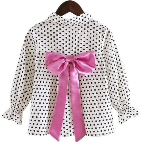 Girls Blouses Spring Autumn Cotton Shirts Dot Kids Long Sleeve Tops Toddler Girls Big Bow Shirt Fashion Clothing 3-13 Years Old