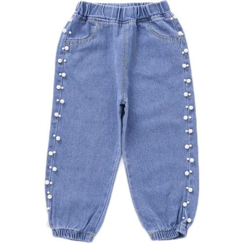 Girls Pearl Jeans Spring Autumn Childrens Fashion Korean Denim Pants Baby Toddler Kids All-match Loose Jeans