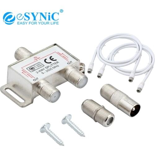 ESYNiC 2 Way F Type Coax Cable Splitter 2500MHz Aerial / TV / CATV Broadband Connector For Virgin Media Satellite Receiver