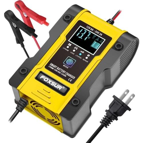 FOXSUR 12V/24V Car Battery Charger 6A 12.6V Lithium Battery Charger Smart Battery Charger for Motorcycle
