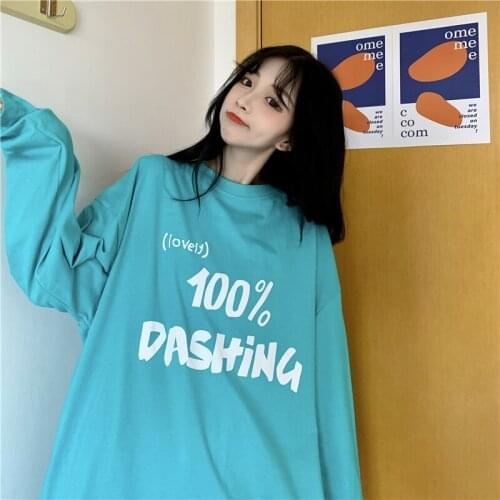 Lively Blue Girl Sweet Print Long-Sleeved T-Shirt For Girls Ulzzang Aesthetic Clothes Cotton Kawaii Top Gothic Clothing 90s Y2k