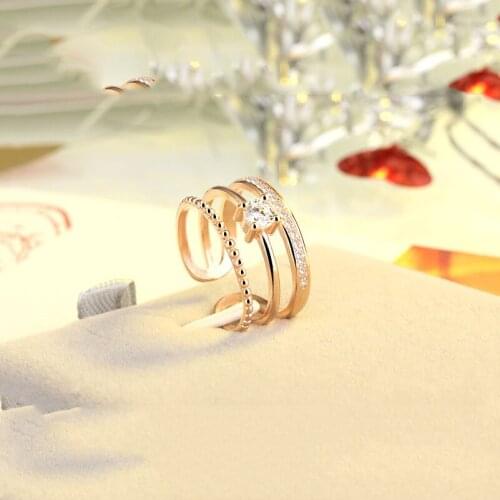 Ring Three-layer White Gold Color & Rose Gold Color AAA Cubic Zirconia Multilayer Shiny Ring Female Resizable Ring for Women