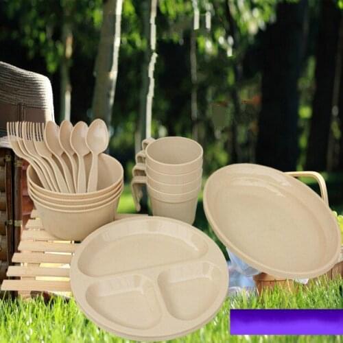 Luxury home outdoor travel picnic portable PP tableware 24 pcs in 1 sets Disposable bowls forks plates cup Split Disks