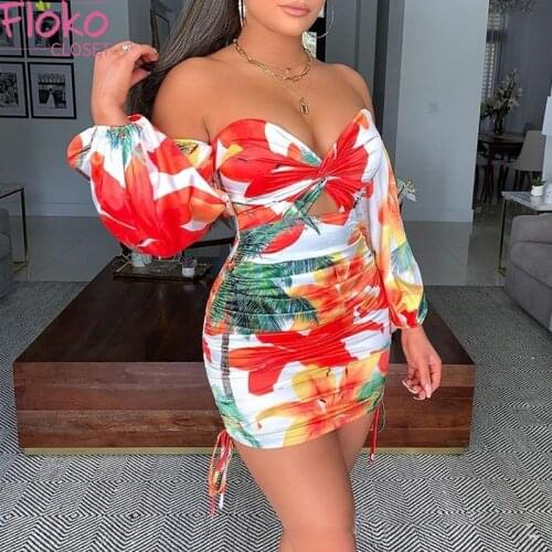 Flokocloset Sexy Off The Shoulder Long Sleeve Bodycon Mini Dress Women Bohemian Style Beach Holiday Pleated Sundress