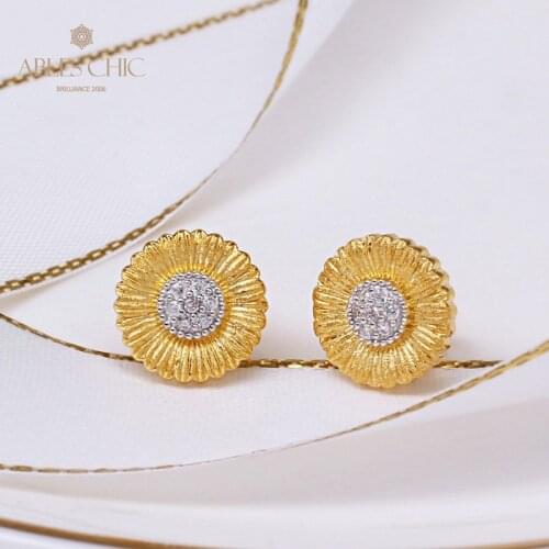 Real Gold Plated Two Tone Daisy CZ Earrings 925 Sterling Silver Iconic Flower Women Stud Earring Renaissance Jewelry C11E4S25260