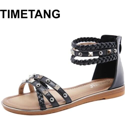 TIMETANGEuropean And American New Female Sandals Ethnic Style Sandals Female Rivet Woven Large Size Flat Retro Roman Sandals