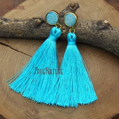 Silk Thread Handmade Stud Earrings Turquoises Blue Fine Tassel Jewelry With Gold Drusy Charm Boho Style 3.5 inch ER9223