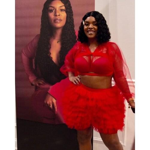 Chic Red Women Tulle Sets Top And Shorts Bermudas Puffy Tulle Tops Short Pants Plus Size Prom Outfit Fashion
