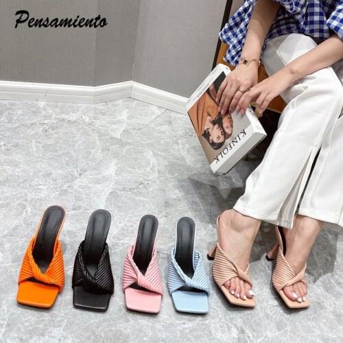 2021 Ins style Wrinked Bowknot Women Slippers Fashion Square toe Thin High heels Female Mules Sandals Casual Summer Slides Shoes
