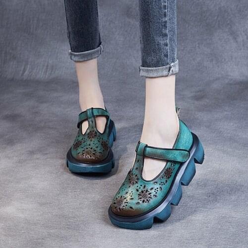 Women Sandals Girls Hook & Loop Retro Wedges Summer Genuine Leather Shoes 2021 New Handmade Hollow Sewing Concise Ladies Sandals