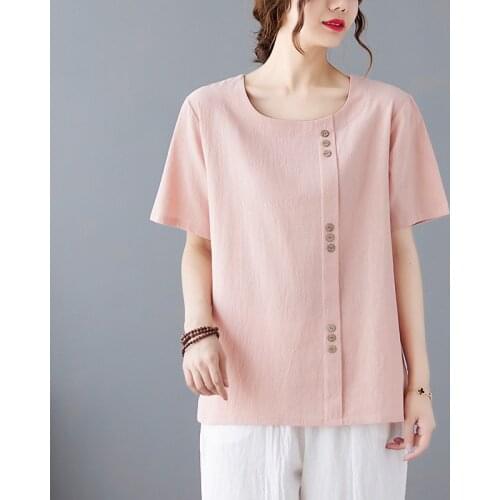 Plus Size Women Summer Cotton Linen Casual T-shirts New 2021 Simple Style O-neck Solid Color Female Short Sleeve Tops Tees B397