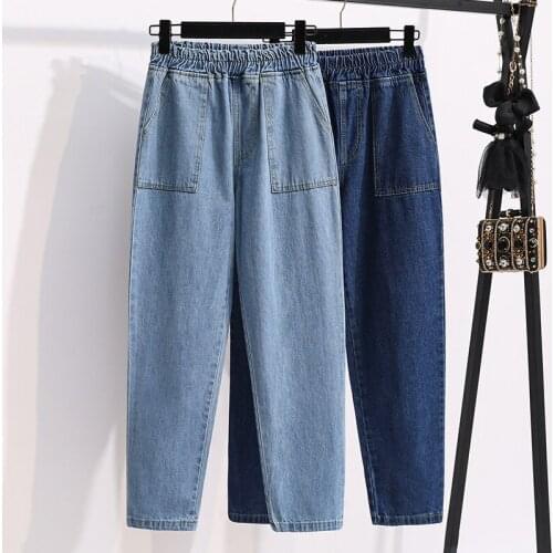 Nowssa Plus Size Women Jeans Pants High Waist Loose Denim Female Elastic Waist 2021 Spring Basic Pockets Blue Trousers S-5XL