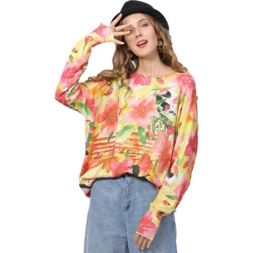 Pink Flower Printed Womens Autumn Plus Size Pullover Casual Loose Sweater Stripped Hot Sell Manual O-neck Light