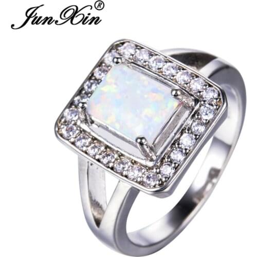 JUNXIN White Fire Opal Geometric Big Ring Silver Color Zircon Rings For Women Luxury Wedding Party Jewelry