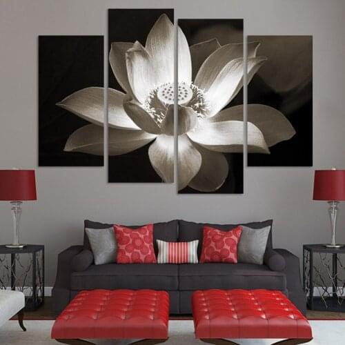 4panel Modern Wall Art Home Decoration Printed Flower Painting Canvas Prints Black And White Simple Lotus