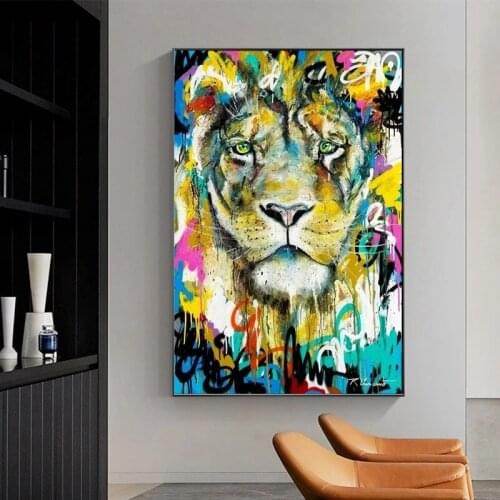 Abstract Wall Art Graffiti King of The Jungle Posters and Prints Lion Canvas Paintings Pictures for Living Room Decor Cuadros