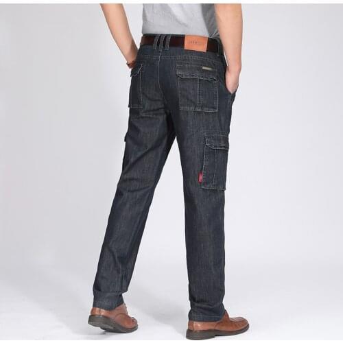 Mens Military Jeans Pants Workwear Multi-pockets Cargo Denim Trousers Men Casual Classic Straight Mid Waist Thick Cotton Jeans