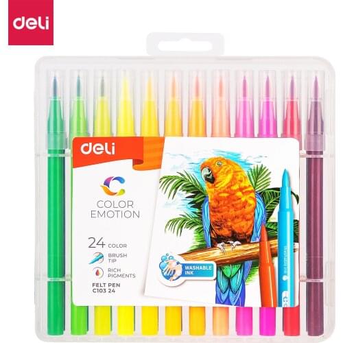Deli EC103 Soft Drawing Felt Pen 12/24 Color Brush Pen Felt-Tip Pen Drawing Painting Watercolor Art Marker Pens School Supplies