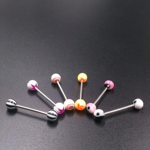 10PcsTongue Piercing Ring Colorful Acrylic Balls Barbell Style 316L Surgical Steel Tongue Bar Lip Belly Navel Rings Tongue Pin