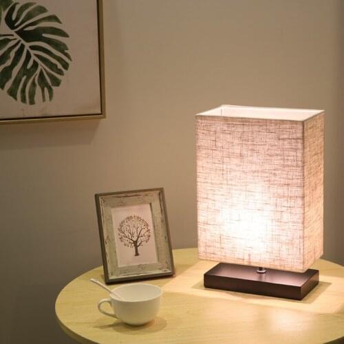 Linen table lamp modern minimalist rectangular solid wood bedside lamp warm bedroom room LED night light